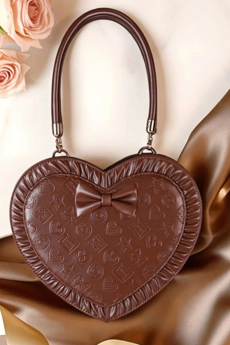 Heart‑Shaped Bow Sweet Lolita Handbag/Crossbody with Ruffled Trim 3 Colors - Coffee - 1