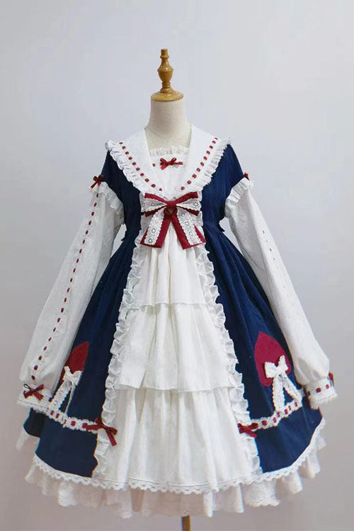 Blue/White Round Collar Bowknot Long Sleeves Multi-Layer Ruffled Sweet Lolita OP Dress - Product - 2