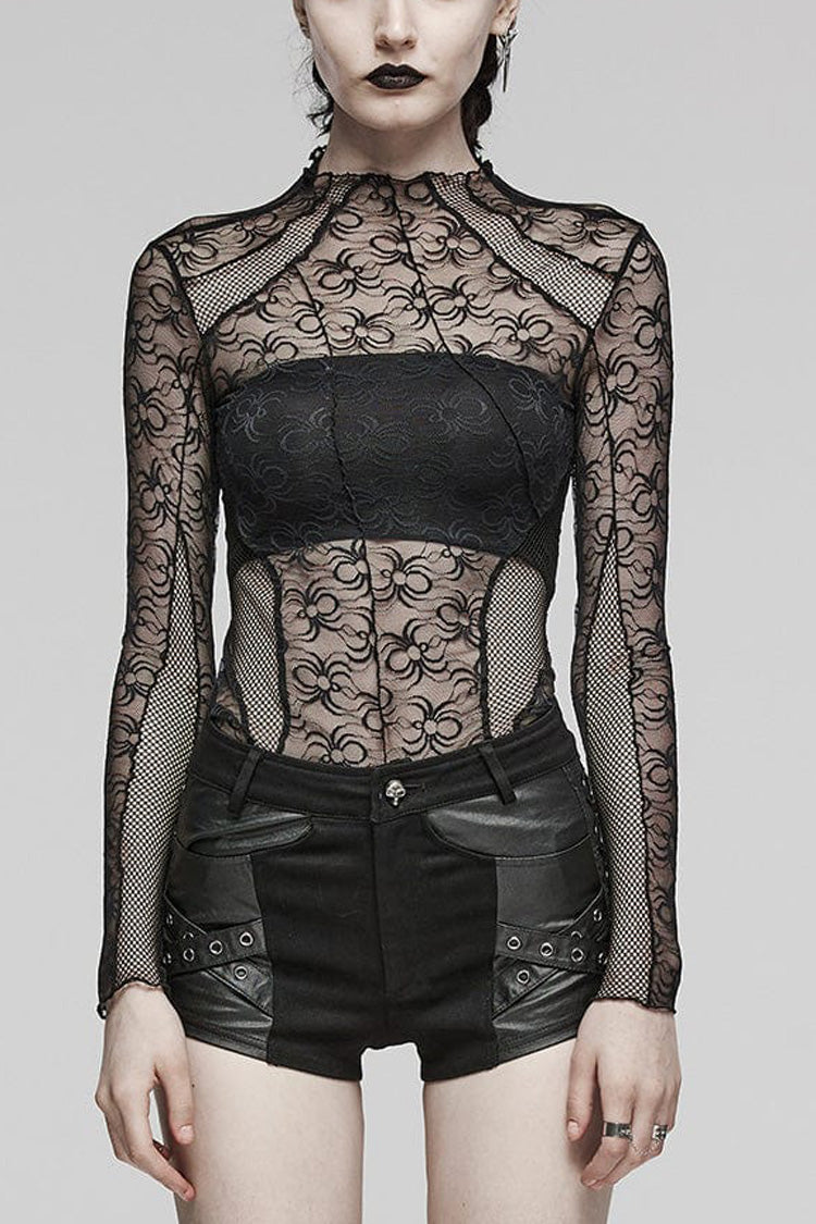 Black Long Sleeves Hollow Stitching Irregular Womens Steampunk Blouse - Black - 1