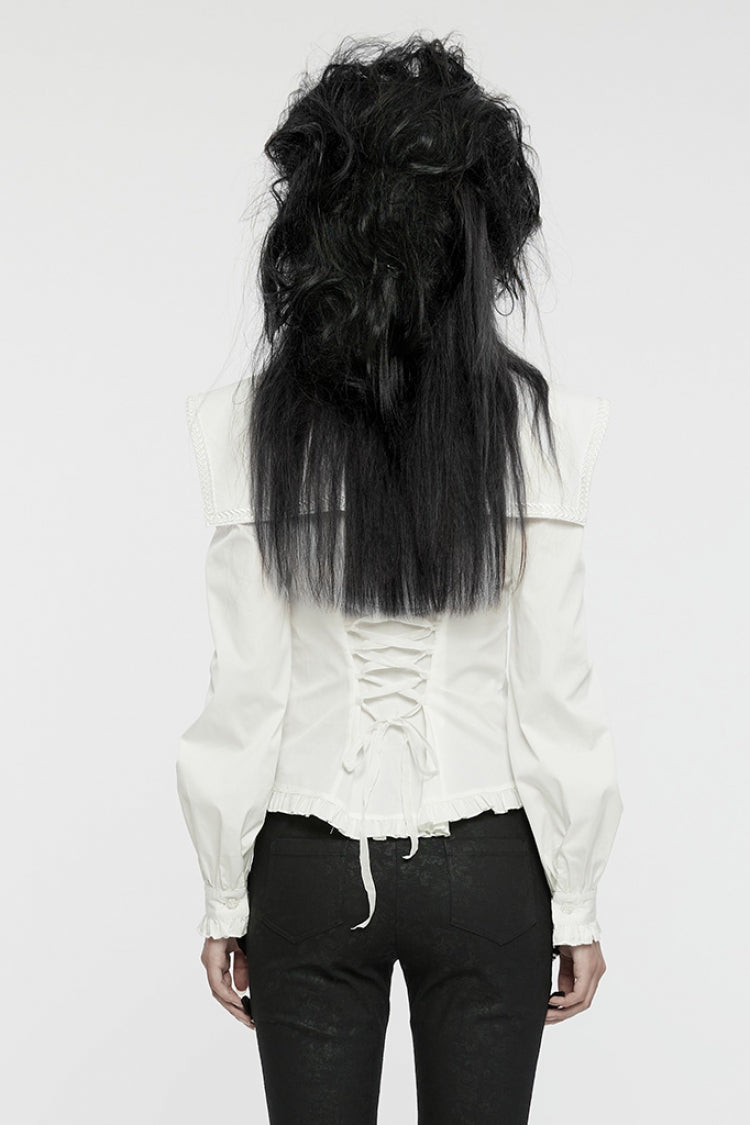 White Stand Collar Ruffle Lace-Up Women's Gothic Blouse - Product - 3