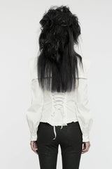White Stand Collar Ruffle Lace-Up Women's Gothic Blouse - Product - 3
