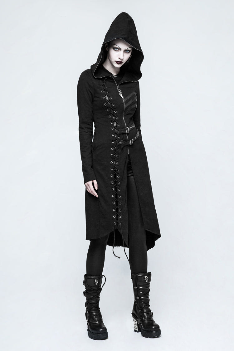 Black Long Sleeves Hooded Asymmetric Women's Gothic Military Coat With Belt - Product - 4
