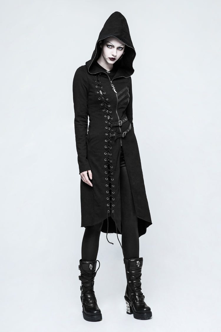 Black Long Sleeves Hooded Asymmetric Women's Gothic Military Coat With Belt - Product - 4