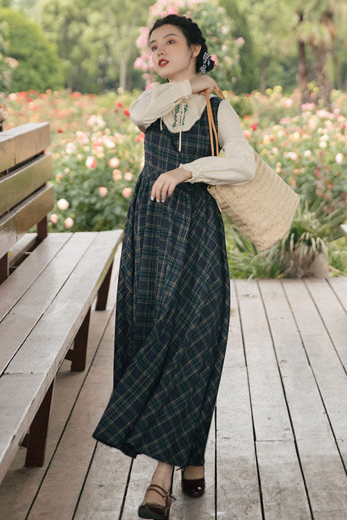 Dark Green Vintage Plaid Print Embroidery Fake Two Pieces High Waisted Classic Lolita Dress - Product - 3
