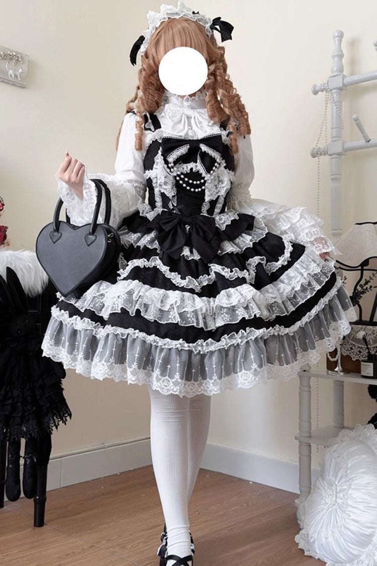Black [Love and Heart Flutter] Sleeveless Multi-Layered Ruffle Bowknot Lace Pearl Sweet Lolita Jsk Dress - Black - 1