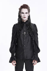 Black Stand Collar Long Sleeves Ruffle Lace Cross Men's Gothic Blouse - Black - 1
