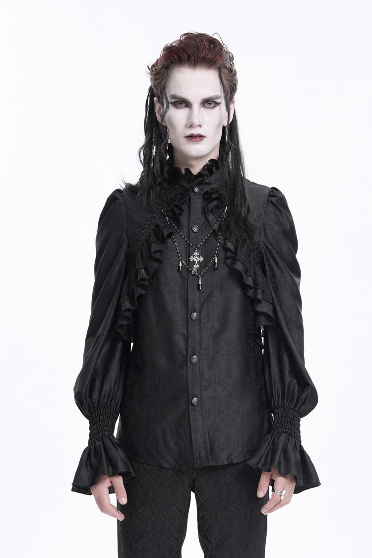 Black Stand Collar Long Sleeves Ruffle Lace Cross Men's Gothic Blouse - Black - 1