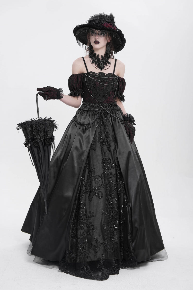 Black Off Shoulder Short Sleeves Jacquard Cardigan Stitching Lace Women's Gothic Dress - Product - 8