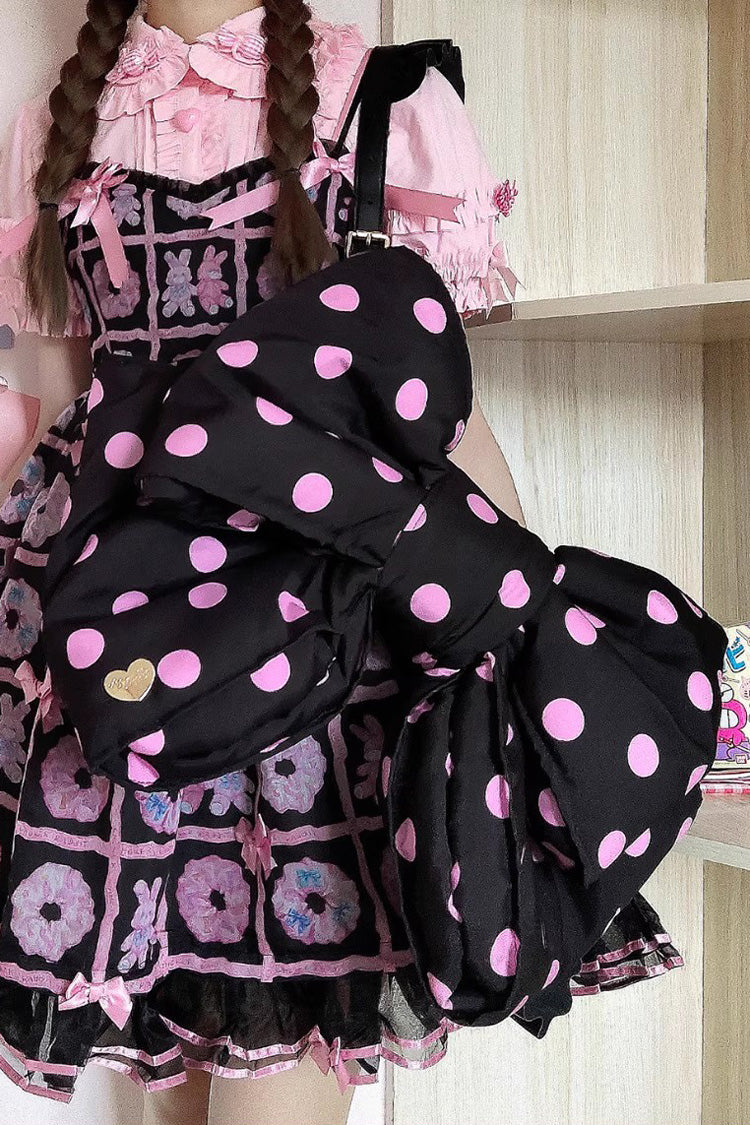 Black/Pink Polka Dot Print Bowknot Shaped Sweet Lolita Backpack - Product - 4