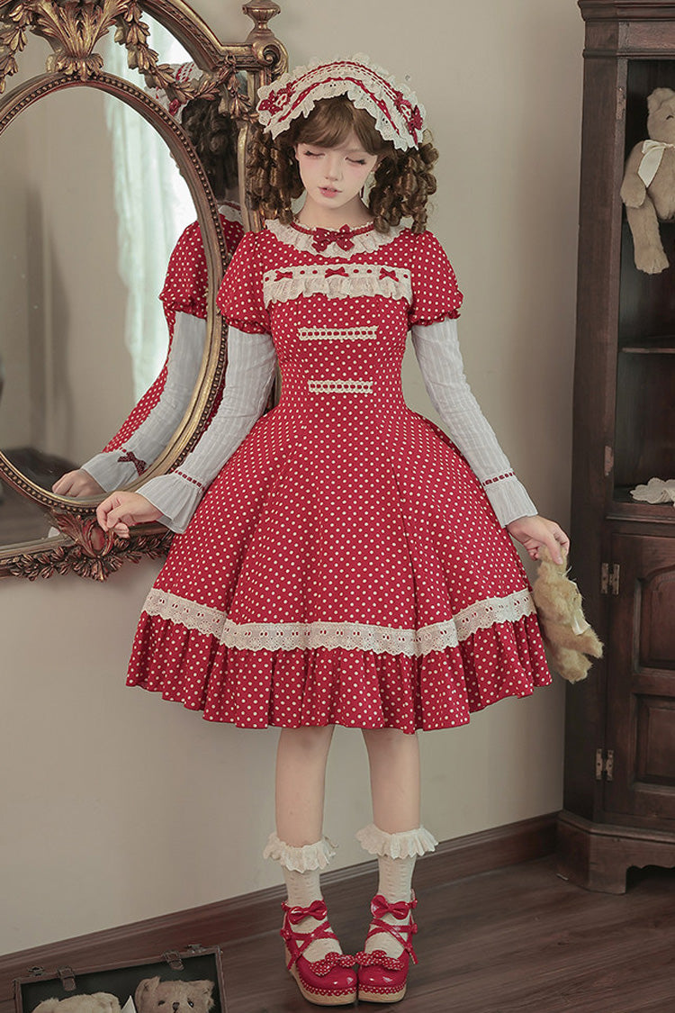 Red [Showa Memoir] Polka Dots Printed Ruffled Bow Sweet Lolita Dress - Product - 19