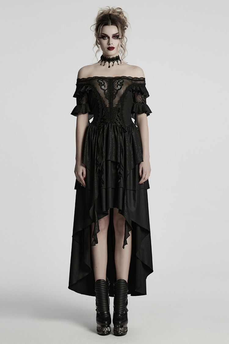 Black Off Shoulder Ruffle Sheer Women's Gothic High/low Prom Dress - Black - 1