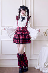 Red Triple-Layered Plaid Print Ruffle Gothic Jirai Kei Japanese Strap Dress - Product - 5
