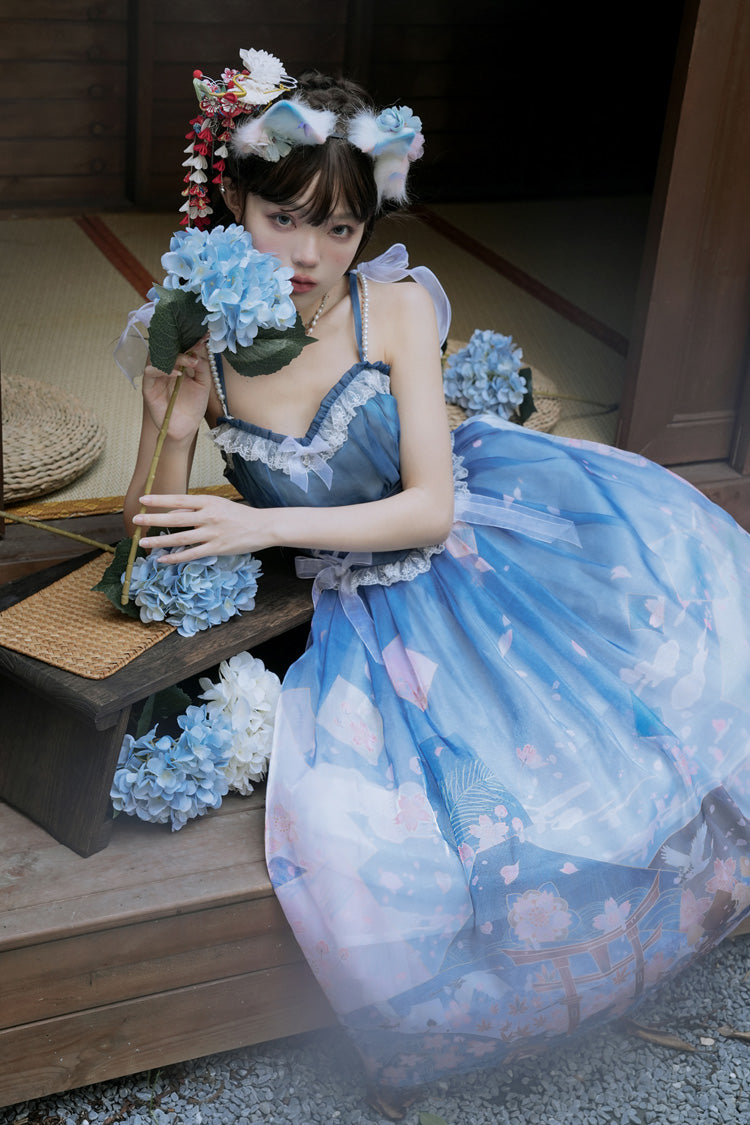 Blue/Pink Mount Fuji Cherry Blossom Season Print Bowknot Sweet Lolita Skirt - Product - 3
