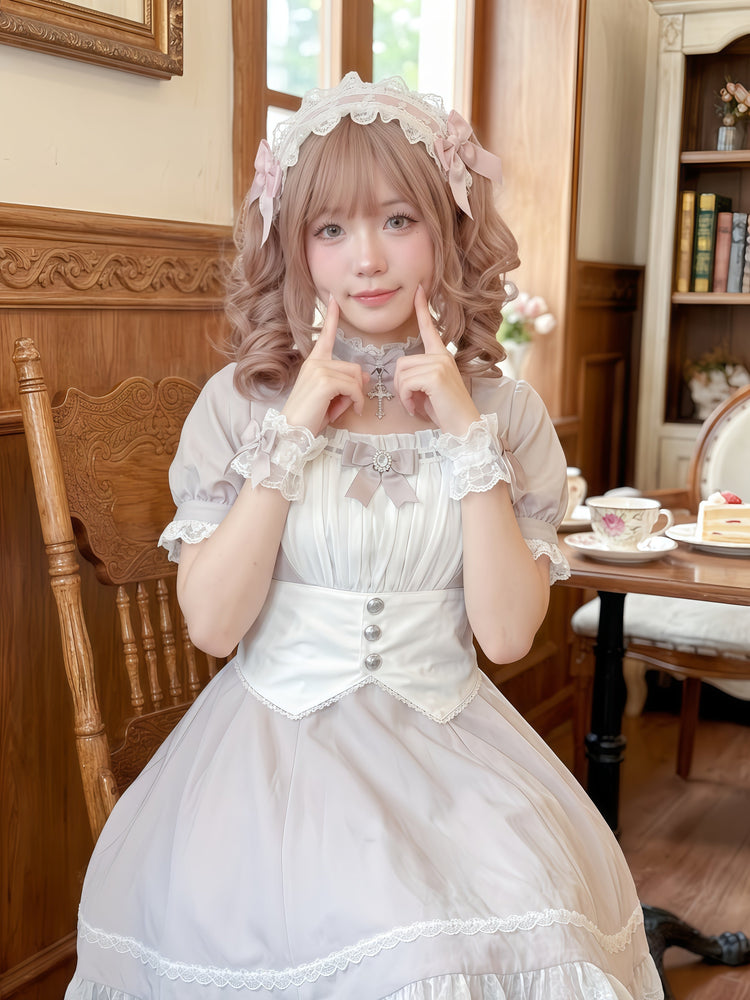 Dusty Pink Sweet Lolita Dress with Lace Trim and Bow - view 4