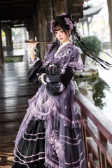Purple [Violet Gauze Lily] Stand Collar Long Sleeves Ruffled Embroidered Bow Classic Chinese Style Elegant Gorgeous Lolita Dress Set - Product - 9