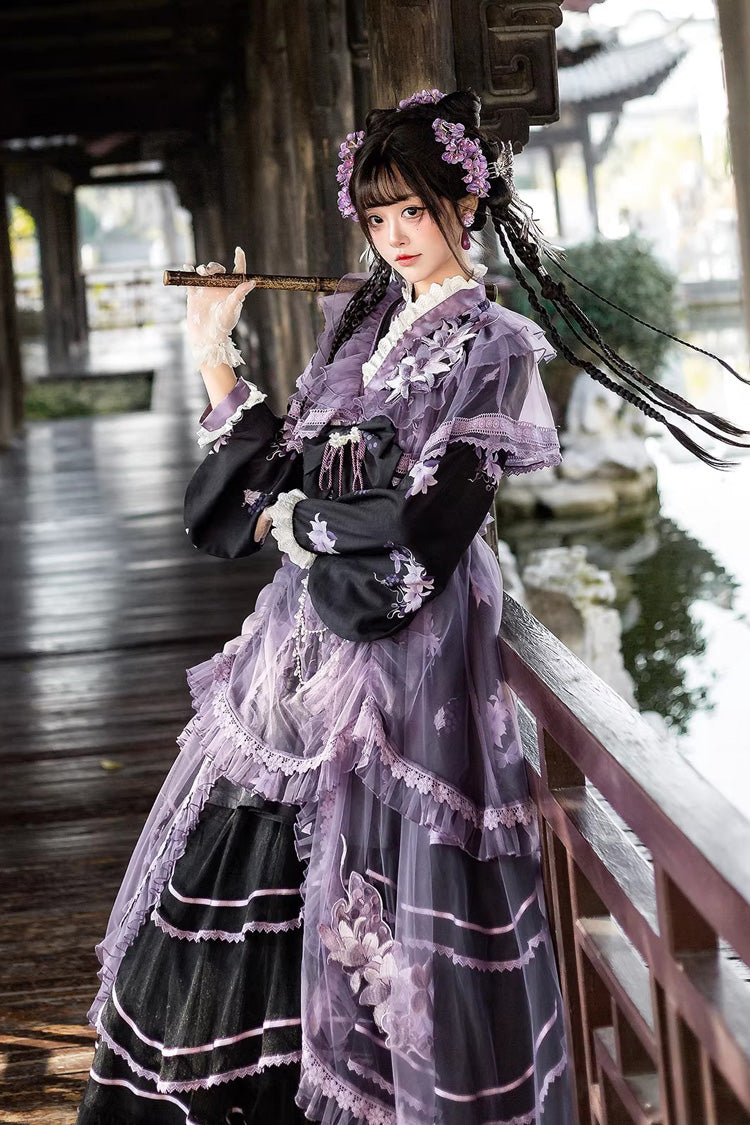 Purple [Violet Gauze Lily] Stand Collar Long Sleeves Ruffled Embroidered Bow Classic Chinese Style Elegant Gorgeous Lolita Dress Set - Product - 9
