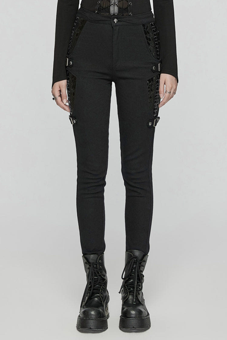 Black Patent Leather Stitching Women's Punk Pants - Black - 1
