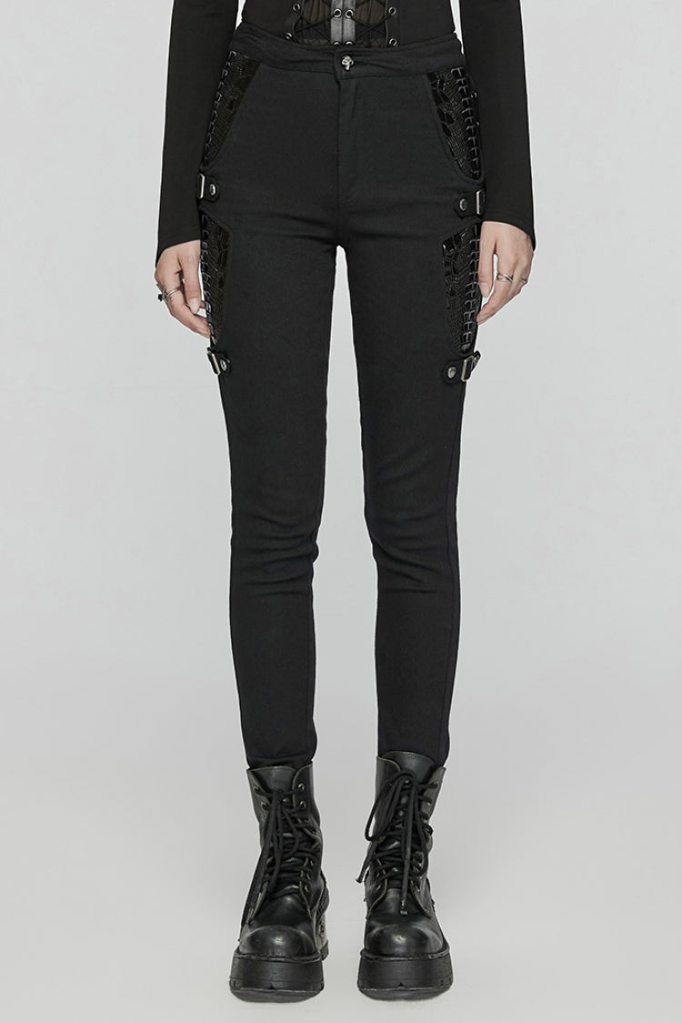 Black Patent Leather Stitching Women's Punk Pants - Black - 1