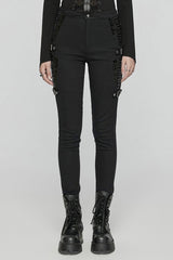 Black Patent Leather Stitching Women's Punk Pants - Black - 1