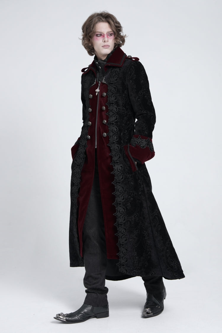 Black/Red Lapel Collar Embroidery Zipper Men's Gothic Handsome Coat - Product - 2