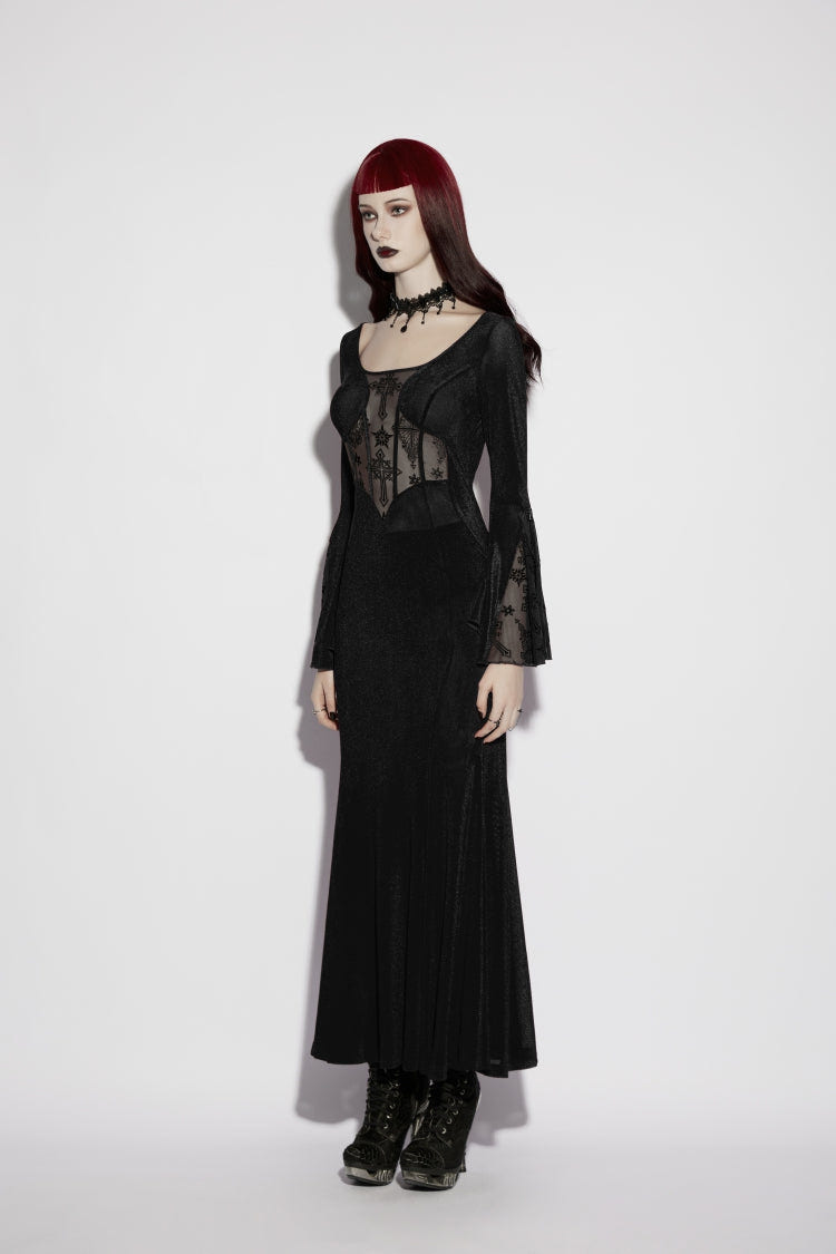 Black Round Collar Long Trumpet Sleeves Spliced Lace Lace-Up Slim Mesh Eyelet Women's Gothic Gorgeous Dress Graduation Dress - Product - 3
