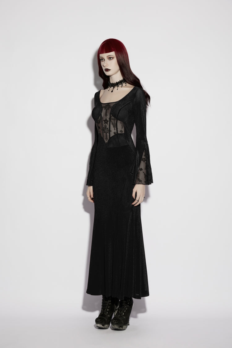 Black Round Collar Long Trumpet Sleeves Spliced Lace Lace-Up Slim Mesh Eyelet Women's Gothic Gorgeous Dress Graduation Dress - Product - 3