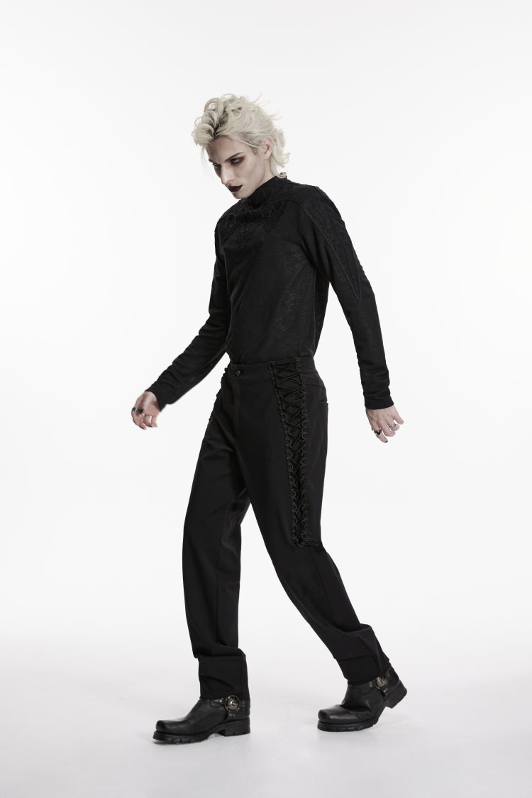 Black Spliced Lace-Up Slim Buckled Men's Gothic Pants - Product - 3