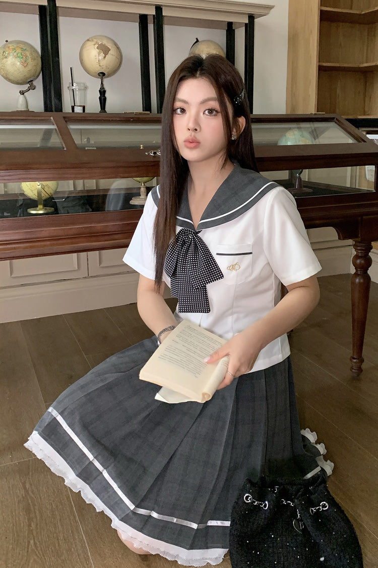 Black/White Short Sleeves Printed Ruffled Bow Plus Size Japanese Preppy Style Sailor Collar  Two-piece Set - Product - 2