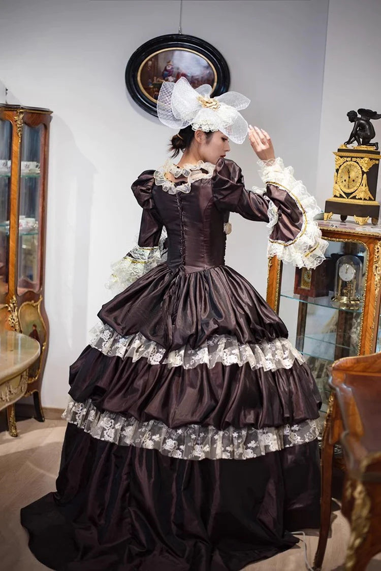 Brown Dark Pattern Print Medieval Court Gothic Victorian Lolita Long Dress - Product - 6