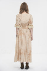 Apricot Plunging Puff Sleeved High Waisted Lace Hem Long Women's Punk Dress - Product - 6
