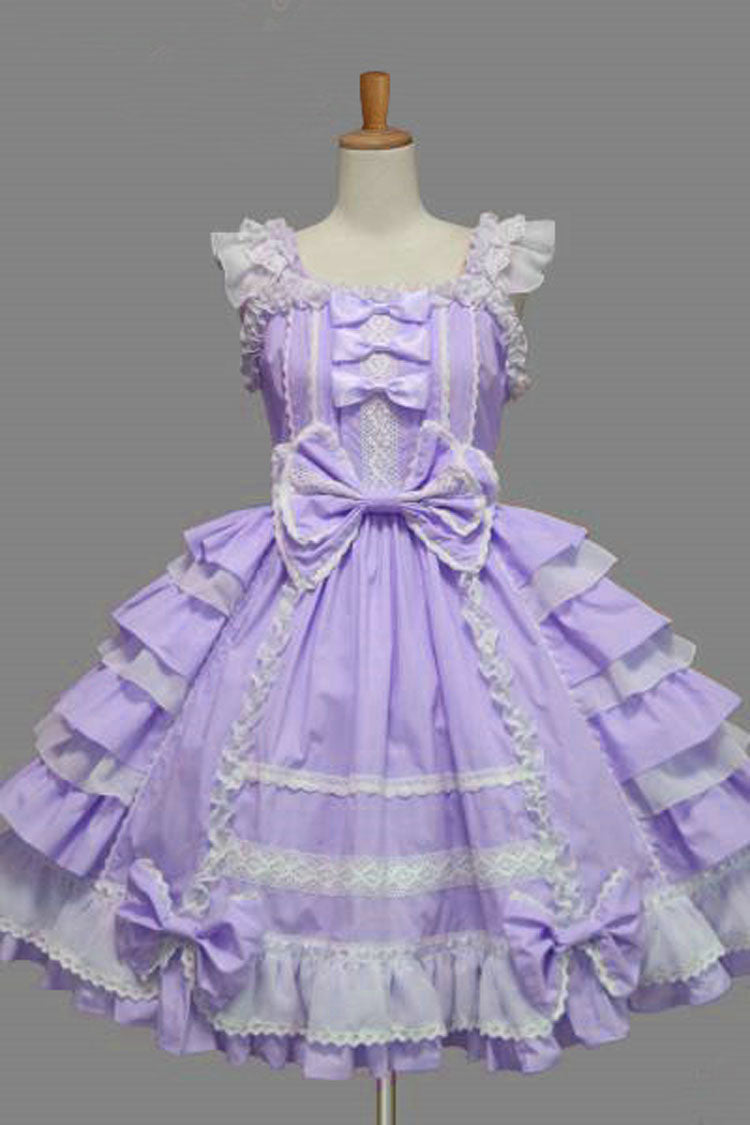 Lace Square Neck Cap Sleeve Knee Length Ruffled Bowknot Sweet Lolita Dress - Purple - 3