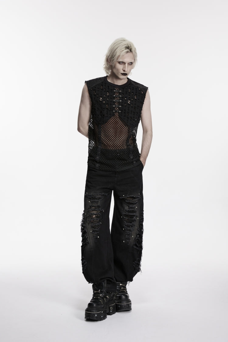 Black Spliced Mesh Ripped Studded Eyelet Men's Punk Cool Vest - Product - 6