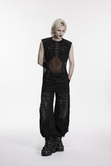 Black Spliced Mesh Ripped Studded Eyelet Men's Punk Cool Vest - Product - 6