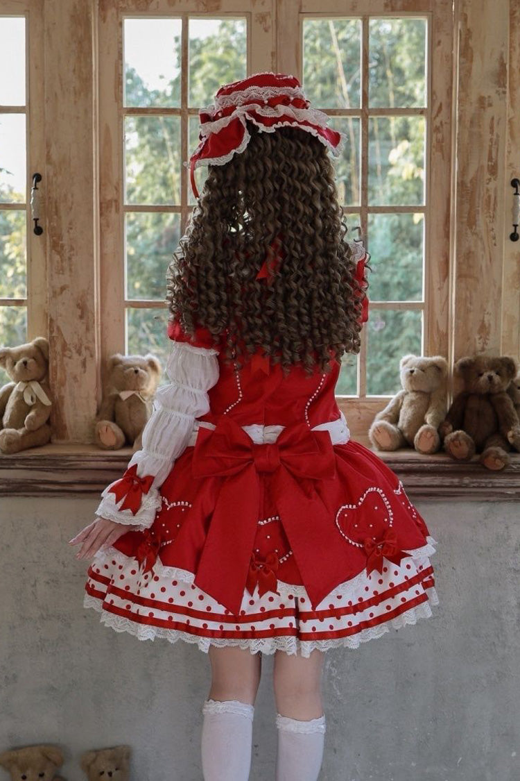 Red Round Collar Long Sleeves Multi-Layered Bow Sweet Lolita Dress Set - Product - 3