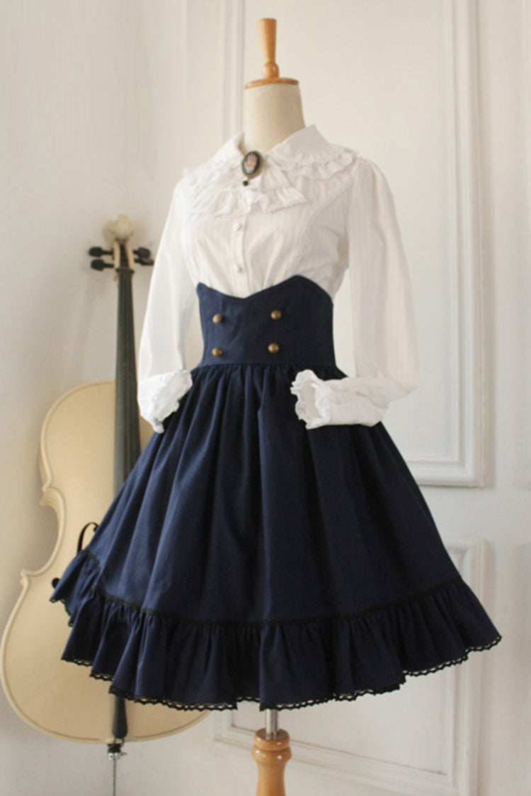 Dark Blue Vintage College Style High Waisted Fishbone Gothic Lolita Skirt - Product - 2
