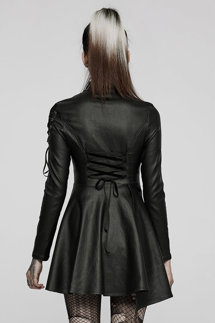 Black Long Sleeves Stitching Slim Mesh Asymmetric Hem Women's Steampunk Dress - Product - 3