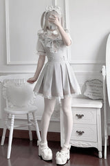 [Pearl Letter] Lapel Collar Short Sleeves Ruffled Bow Lace Jirai Kei Japanese Dress 2 Colors - Product - 8
