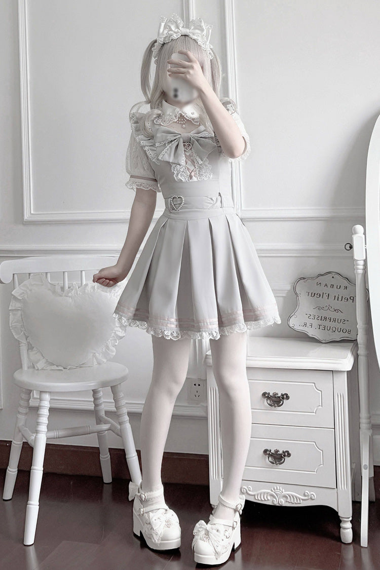 [Pearl Letter] Lapel Collar Short Sleeves Ruffled Bow Lace Jirai Kei Japanese Dress 2 Colors - Product - 8
