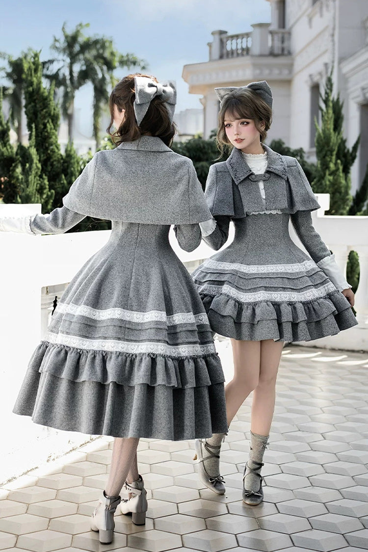 Grey [Letters and Poems · Old Memories] Stand Collar Long Sleeves Double-Layered Ruffled Bow Classic Elegant Lolita Dress 2 Versions - Product - 22