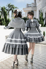 Grey [Letters and Poems · Old Memories] Stand Collar Long Sleeves Double-Layered Ruffled Bow Classic Elegant Lolita Dress 2 Versions - Product - 22