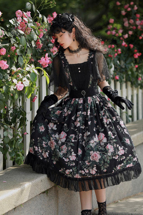 Black Elegant Vintage French Rose Print Square Collar Ruffled Classic Lolita OP Dress - Product - 2