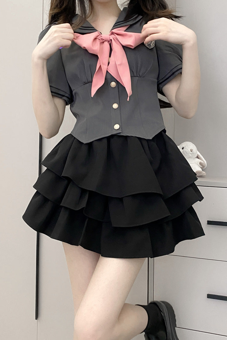 Short Sleeves Multi-layer Ruffle Bowknot Sweet College Style Japanese School Skirt Set 4 Colors - Product - 14