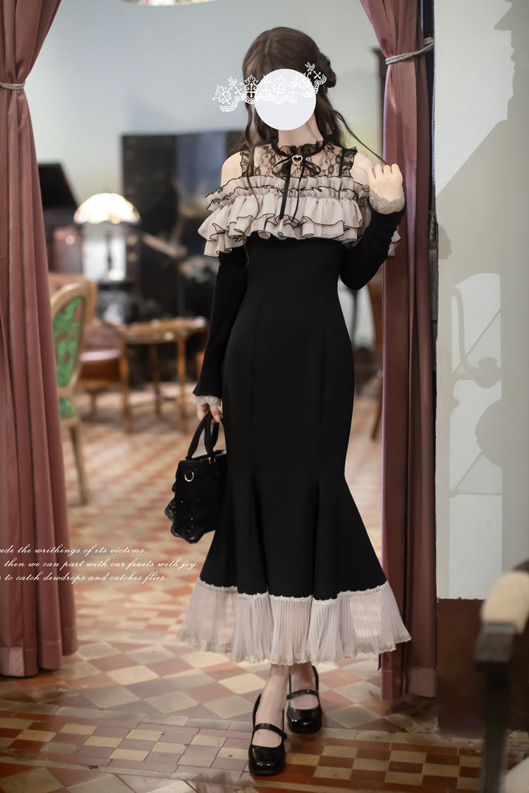 Black [Night Cherry Blossoms] Long Sleeves Ruffle Bowknot Daily Sweet Elegant Lolita Fishtail Dress - Product - 7