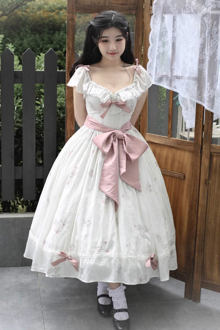 Rose Elegant Short Sleeves Print Ruffle Bowknot Sweet Plus Size Lolita Dress 2 Colors - White/Pink - 1