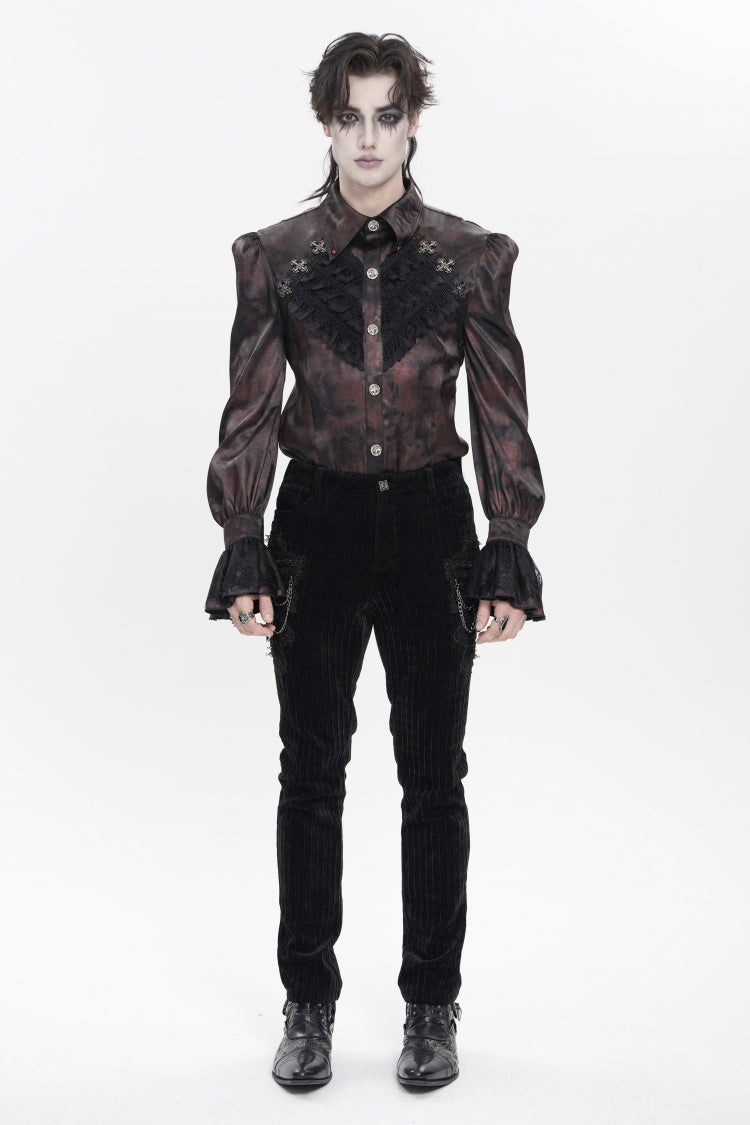 Red  Cross Spider Turn-down Collar Long Trumpet Sleeves Printed Lace Men's Gothic Shirt - Product - 2