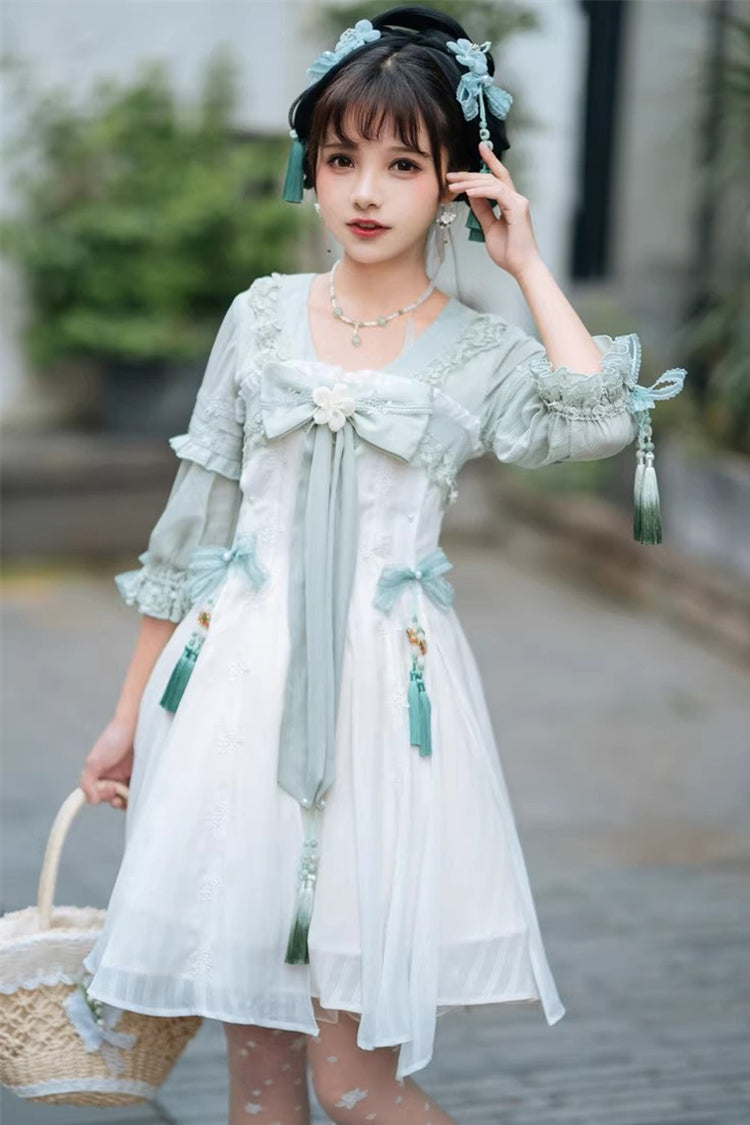 White/Green Half Sleeves Ruffled Bow Sweet Chinese Style Lolita Hanfu Dress - Product - 7