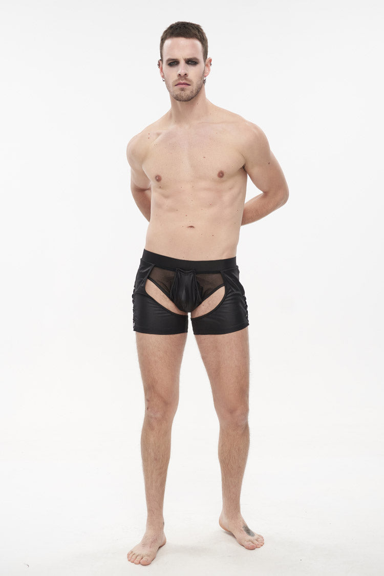 Black Knit Lace Up Perspective Sexy Slim Men's Punk Shorts - Product - 2