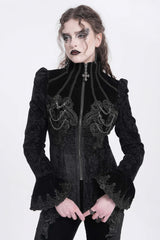Black Stand Collar Long Trumpet Sleeves Embroidery Women's Gothic Jacket - Black - 1