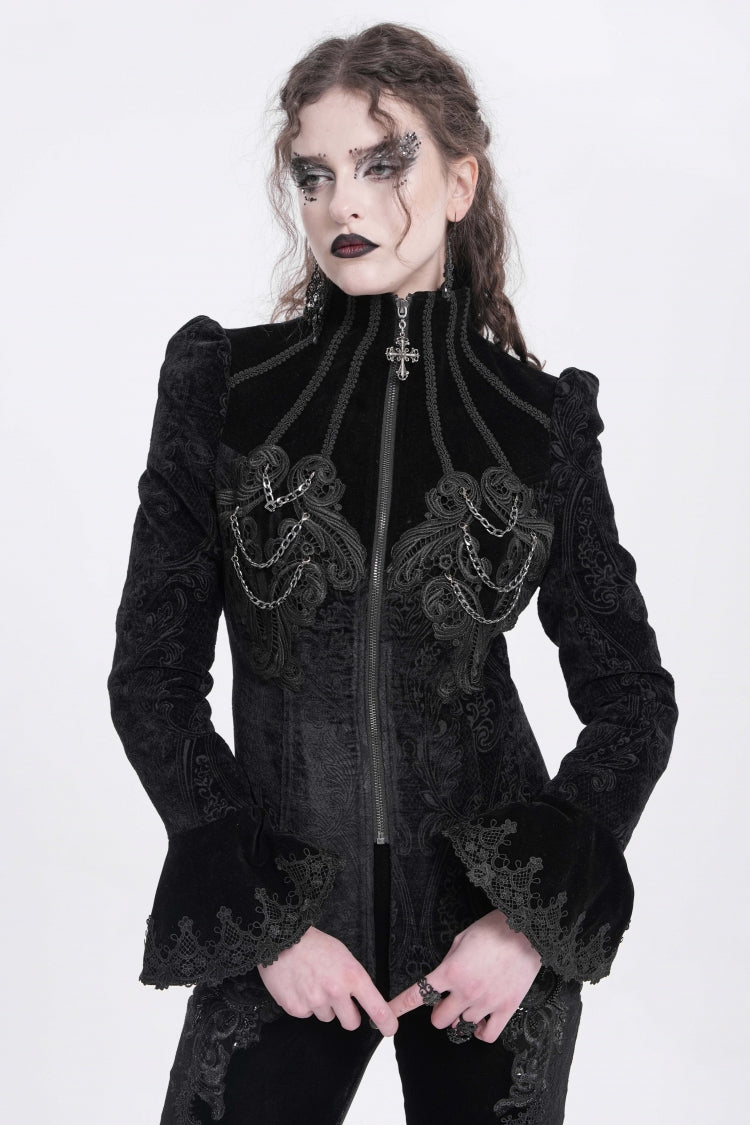 Black Stand Collar Long Trumpet Sleeves Embroidery Women's Gothic Jacket - Black - 1