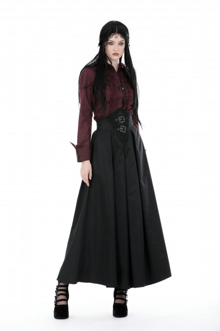 Black High Waisted Women's Gothic Pleated Long Skirt - Product - 7